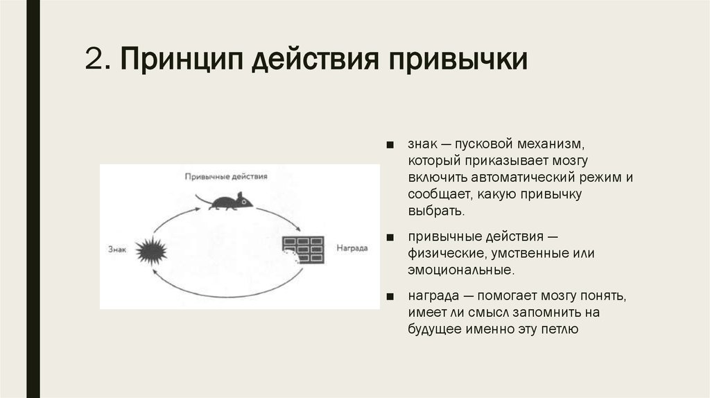 Общие привычки. Элементы механизма действия привычки:. Механизм действия привычки. Механизм формирования привычки. Схема формирования привычки.