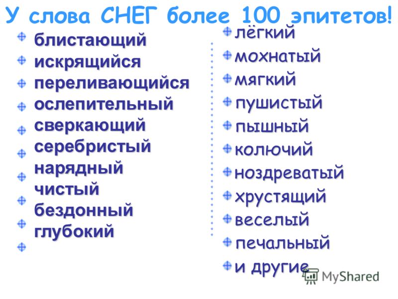 Снежные слова какие. Прилагательные к слову снег. Подобрать эпитеты к слову снег. Прилагательные для описания снега. Какая бывает зима прилагательные.