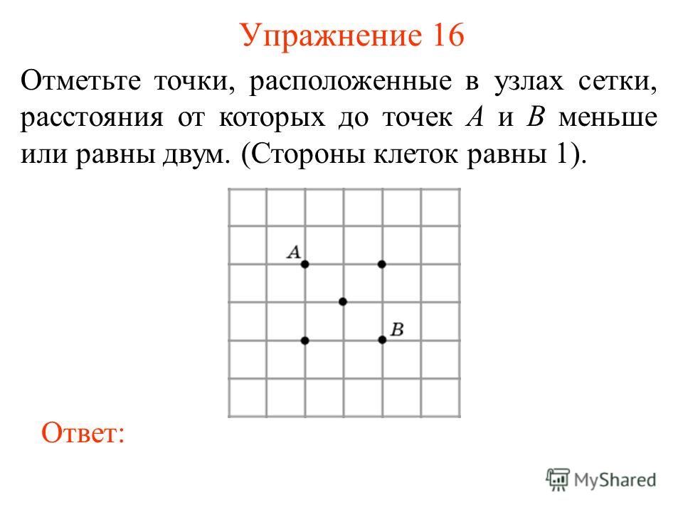 Даны 7 точек. Точки расположенные в узлах сетки. Отметьте точки в узлах сетки. Отметьте все узлы расположенные на расстоянии. Сторона одной клетки квадратной сетки.