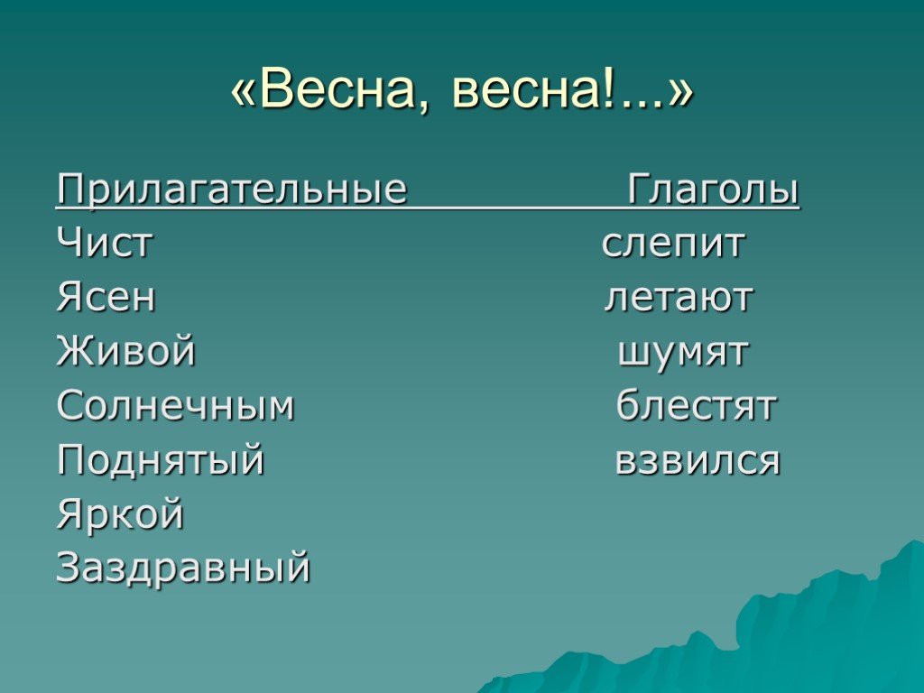 Воздух чист 3. Прилагательные о весне. Прилагательное к слову Весна. Глаголы на тему Весна. Прилагательные к слову Весна.